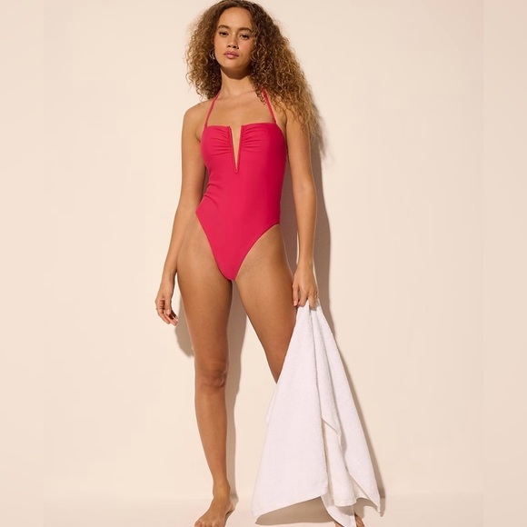 Express Fuchsia Ruched V Wire Halter One Piece Swimsuit - Picture 3 of 10